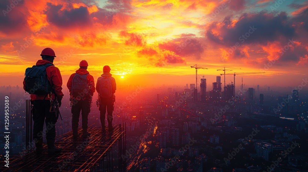 Fototapeta premium Workers Sunset Cityscape Construction Success