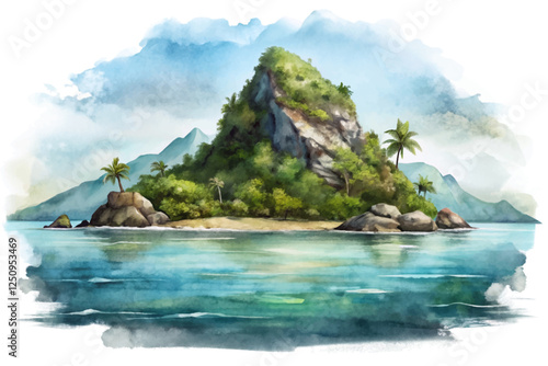 Tropical island landscape, serene watercolors, lush greenery, peaceful scenery, nature illustration, travel inspiration.