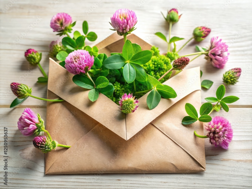 Eco-friendly clover-themed stationery: handmade craft paper envelopes, showcased in spring floral photography against a pristine white background. Eco-friendly clover-themed stationery: handmade craft paper envelopes, showcased in spring floral photography against a pristine white background.