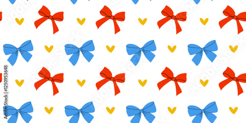 A Colorful Bow Pattern featuring Hearts adorning a White Background for a festive touch