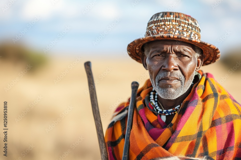 Obraz premium Elderly man in traditional attire stands proudly in a vast savanna landscape under a bright sky during golden hour