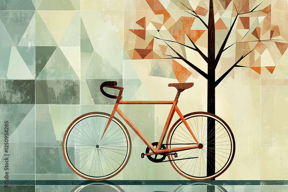 Fototapeta premium Creative bicycle illustration near abstract tree and textured background in artistic style
