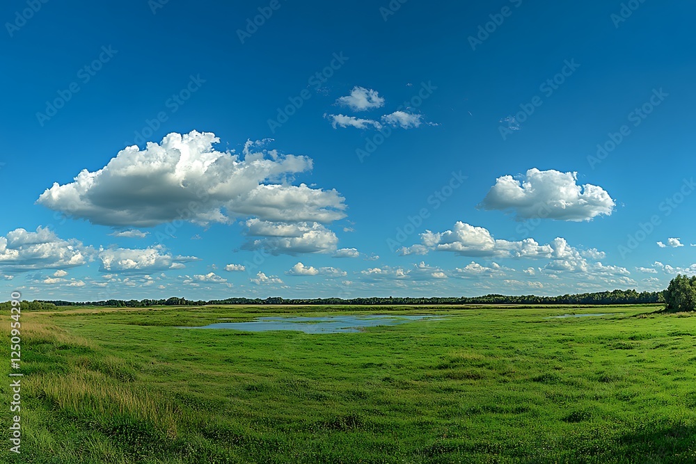 Obraz premium Lush Green Meadow with Tranquil Water and a Blue Sky