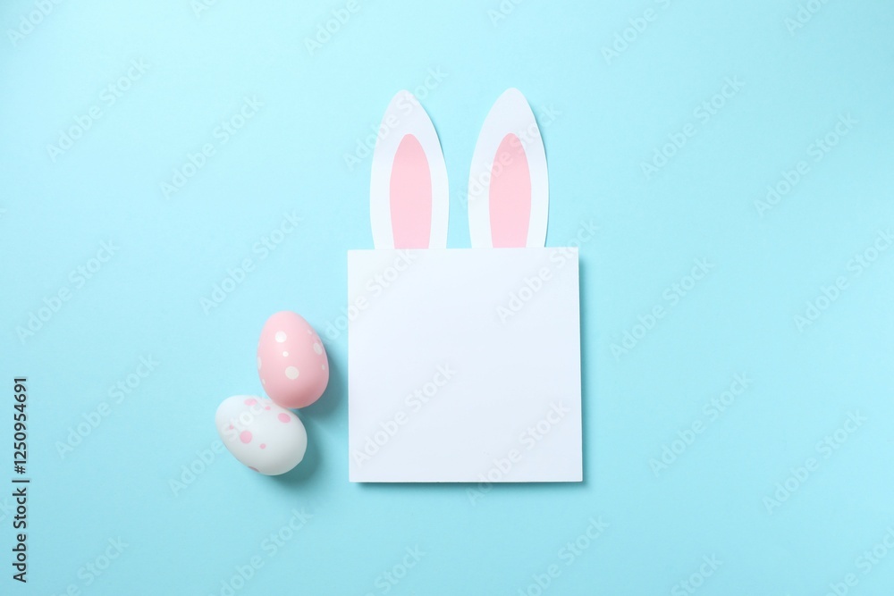 Happy Easter. Colorful eggs and Easter bunny ears on a pastel blue background, space for text or advertising Happy Easter. Colorful eggs and Easter bunny ears on a pastel blue background, space for text or advertising