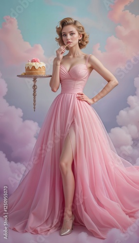 Charming Cake-Eating Pin-Up: Blonde in a Lavish Dress with Wavy Bob Hair, Capturing a Moment of Sweet Indulgence