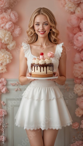 Sensual Vintage Pin-Up: Blonde in a Fitted Girly  Dress with Retro Waves, Gracefully Holding a party Cake with white puff cream and Flaunting Red Lips