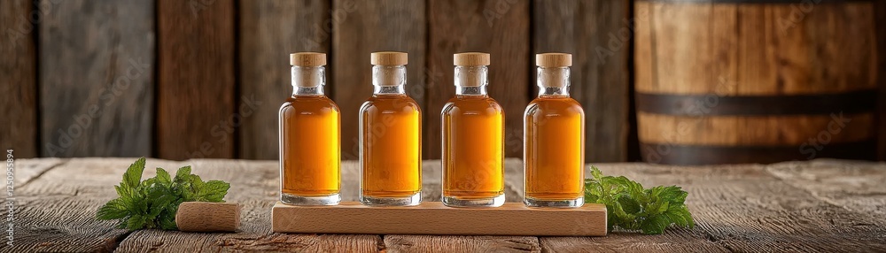 Elegant glass bottles with amber liquid. Elegant glass bottles with amber liquid.