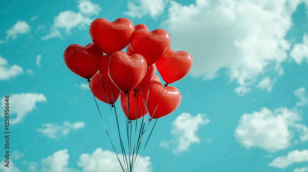 Joyful heart-shaped balloons floating against a bright blue sky celebrating love and happiness aerial view Joyful heart-shaped balloons floating against a bright blue sky celebrating love and happiness aerial view