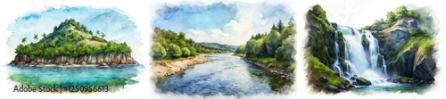 Tropical island landscape, serene river view, cascading waterfall scene, vibrant watercolor style, nature beauty, travel inspiration.