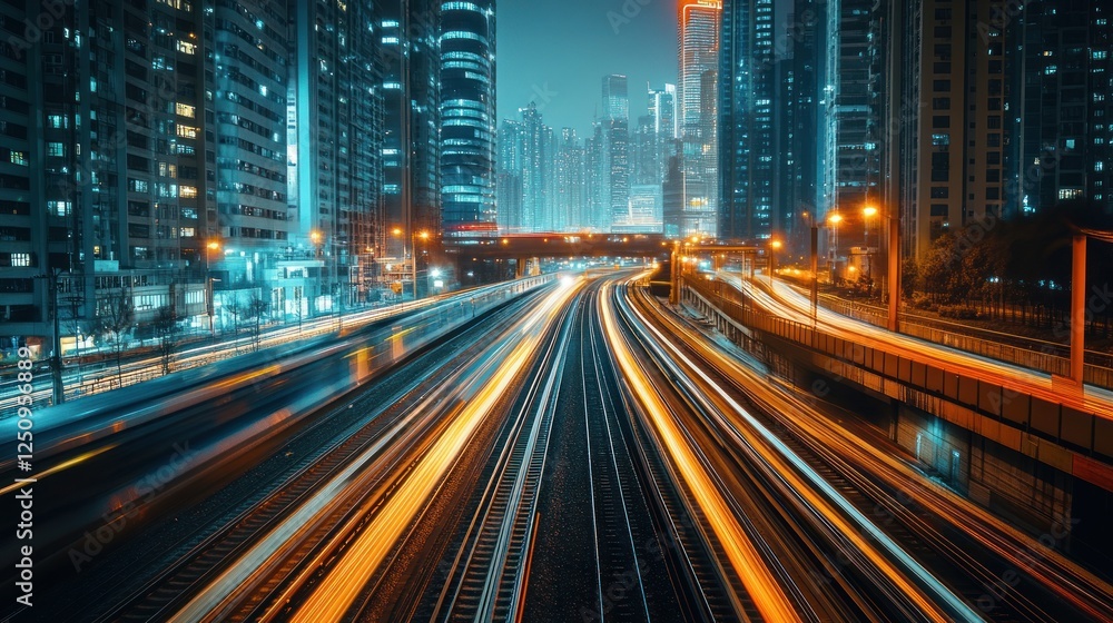 Naklejka premium Night cityscape, highway traffic streaks, urban transport, blurred background, advertising