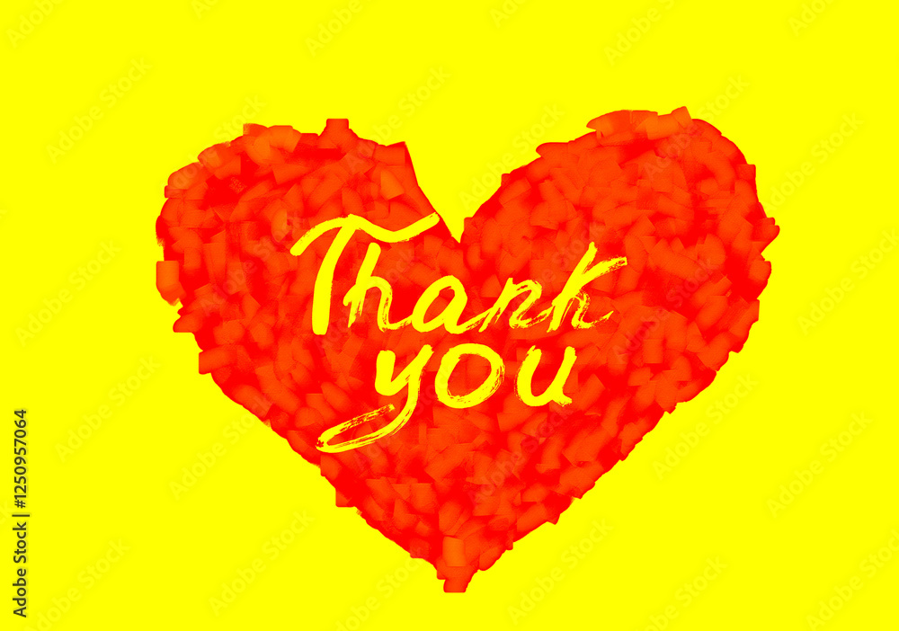 Thank You text on red heart, yellow background. Textured fluffy red heart like paint strokes, Love, peace, praying, protection, volunteering, healthcare and humanity concept Thank You text on red heart, yellow background. Textured fluffy red heart like paint strokes, Love, peace, praying, protection, volunteering, healthcare and humanity concept