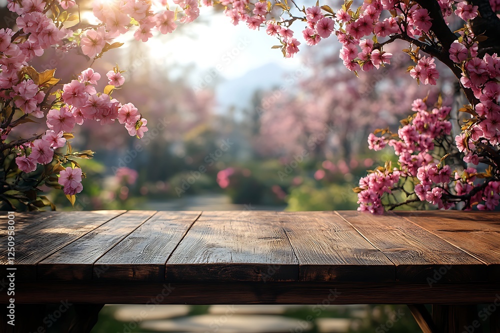 Naklejka premium Rustic Wooden Tabletop with Spring Cherry Blossoms