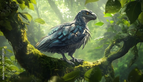 A Prehistoric Bird Perched On A Mossy Branch In A Lush Forest photo