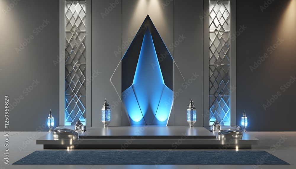 A minimalist Ramadan podium with geometric shapes, soft blue lights, and silver accents A minimalist Ramadan podium with geometric shapes, soft blue lights, and silver accents