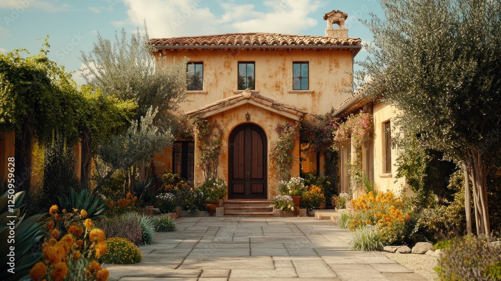 Tuscan-style villa, sunny courtyard, landscaping, real estate Tuscan-style villa, sunny courtyard, landscaping, real estate