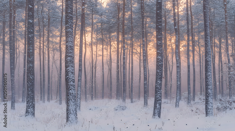 Enchanting Winter Sunrise in a Snow-Covered Pine Forest Enchanting Winter Sunrise in a Snow-Covered Pine Forest