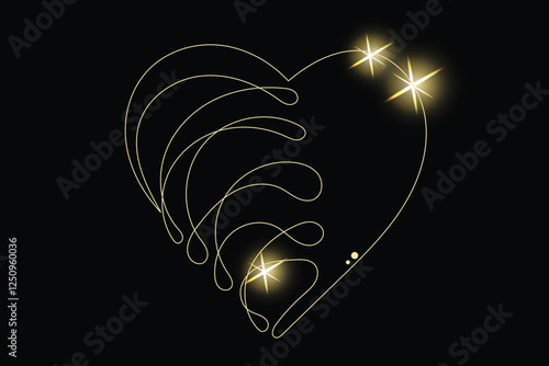 Line Art Wavy Heart Shape Icon. Romantic Minimalist Black Silhouette Contour. Valentine Day or Wedding Greeting Card Background. Luxury Rich Glamour Invitation Card. line Art Isolated on Black. Shine 