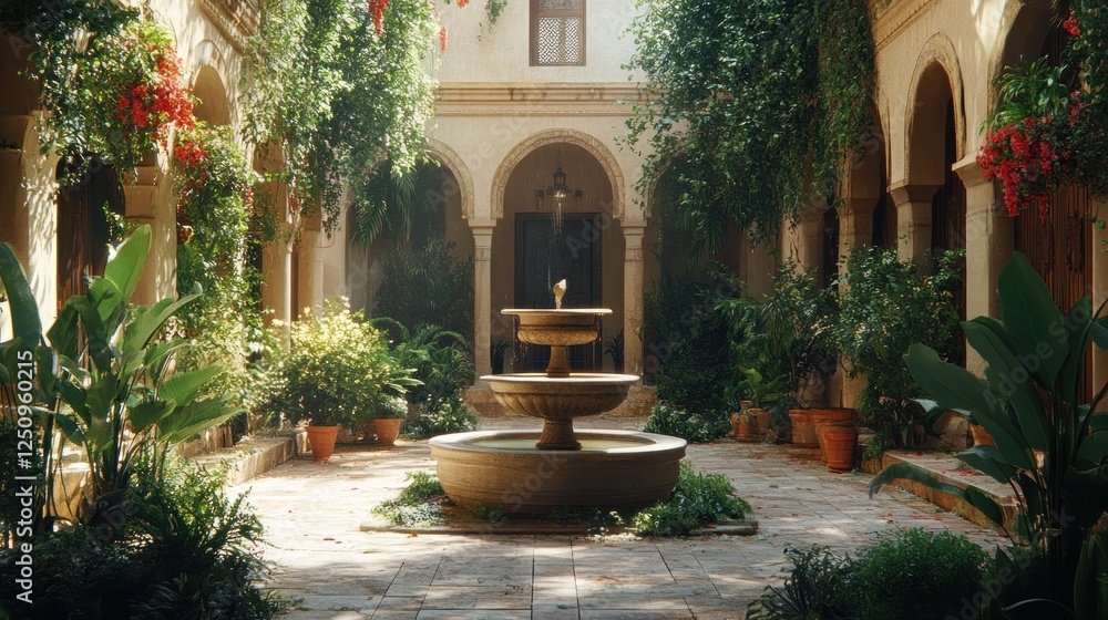 Sunlit Courtyard Fountain, Spanish Architecture, Lush Greenery, Peaceful Oasis, Travel Brochure Sunlit Courtyard Fountain, Spanish Architecture, Lush Greenery, Peaceful Oasis, Travel Brochure