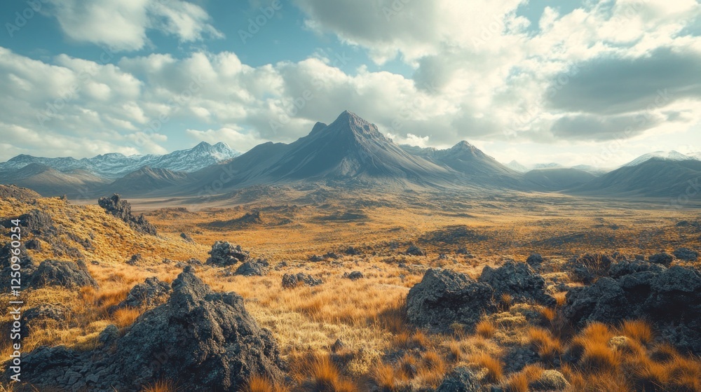Majestic volcanic mountain range, autumnal plains, dramatic sky, travel poster Majestic volcanic mountain range, autumnal plains, dramatic sky, travel poster