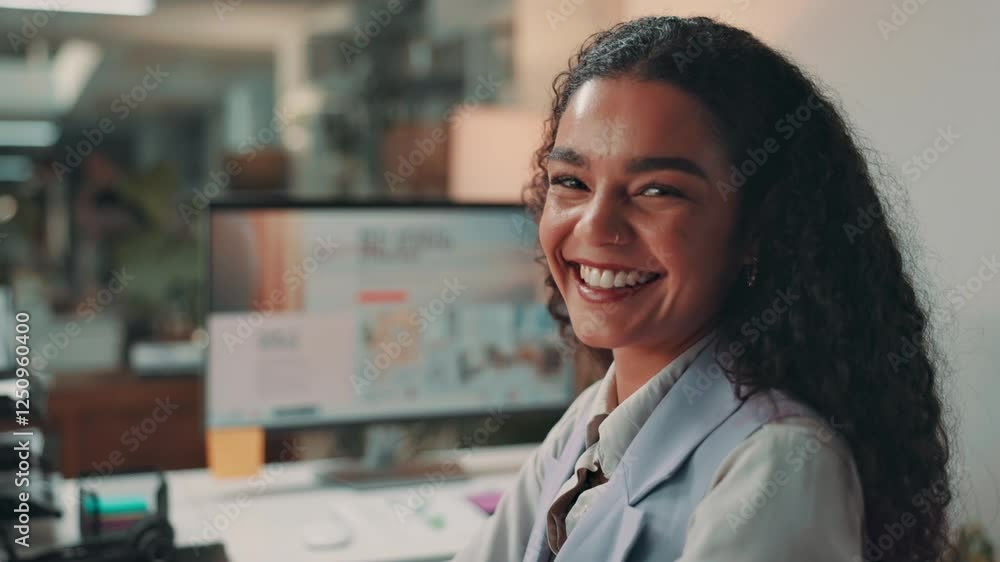 Face, business and woman in office, computer and smile with internet, connection and graphs. Portrait, happy person and employee in workplace, pc and charts for economy, trading and profit growth Face, business and woman in office, computer and smile with internet, connection and graphs. Portrait, happy person and employee in workplace, pc and charts for economy, trading and profit growth