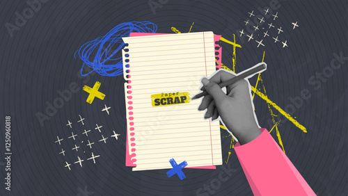Scrap-booking retro halftone collage with hand writing down with pencil, paper scrap elements, and grunge abstract elements. Concept of writing down your notes. Contemporary collage art.