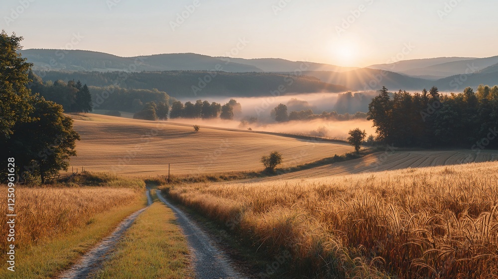 Obraz premium Sunrise over misty valley farmland.