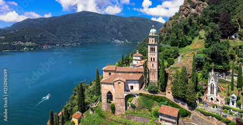 Fototapeta Naklejka Na Ścianę i Meble -  Morcote is one of the most beautiful villages in Switzerland, picturesque lake Lugano canton Ticino. aerial panoramic view