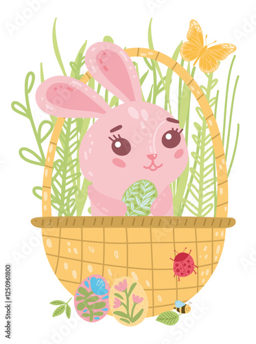 Vector cute Easter pink bunny and eggs in basket for poster, websites, card, scrapbooking, stickers isolated on white background