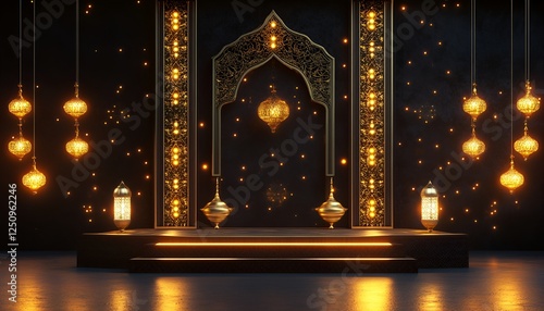 A Ramadan podium set against a dark background with glowing lights, gold details, and a serene vibe