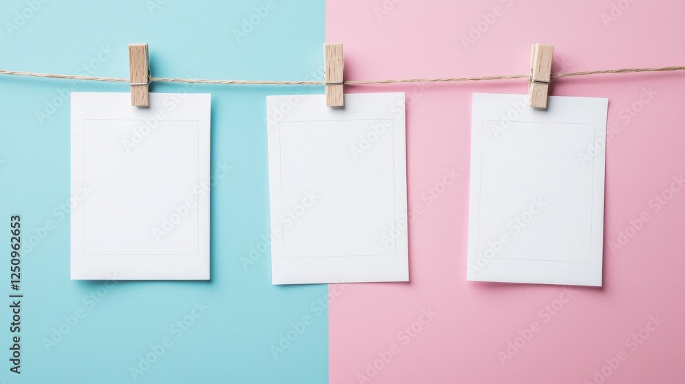 Three Blank Photo Frames Hanging on Pastel Background Perfect for Mockups and Designs Three Blank Photo Frames Hanging on Pastel Background Perfect for Mockups and Designs