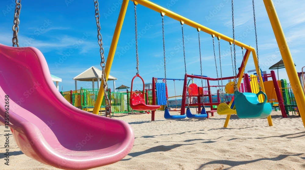 Bright playground with colorful equipment. Bright playground with colorful equipment.