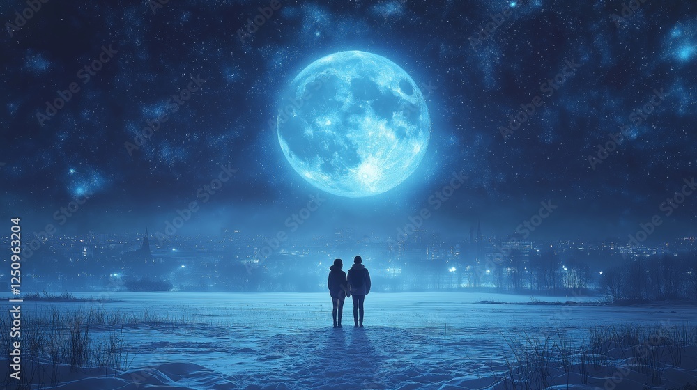 Fototapeta premium Couple staring at full moon winter landscape digital art night sky romantic concept