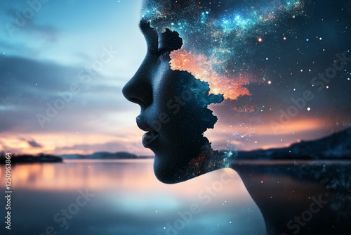 Woman's profile blends with cosmic elements at twilight by the water's edge