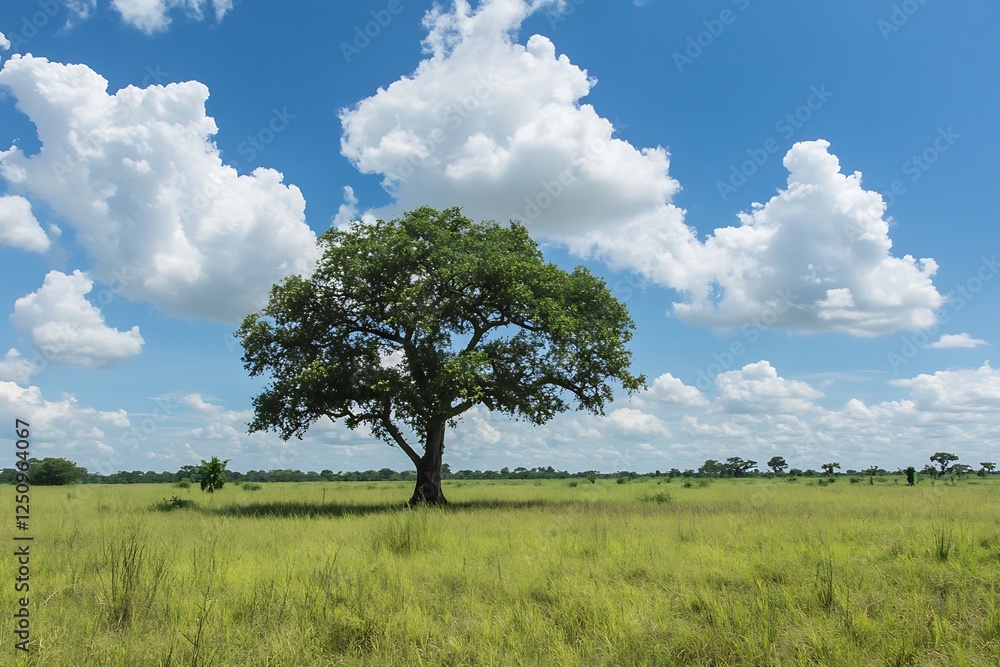 Fototapeta premium Lush Savanna Landscape with Majestic Tree Under a Cloud-Filled Sky