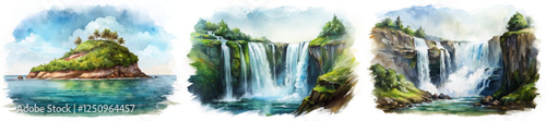 Watercolor landscape, serene island, cascading waterfalls, lush greenery, tranquil nature scene, artistic representation, vibrant colors.