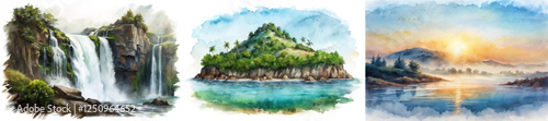 Watercolor landscape painting, serene waterfall scene, tropical island view, tranquil sunset reflection, nature art, peaceful scenery.