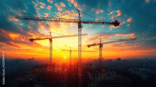 Fototapeta Naklejka Na Ścianę i Meble -  City construction site sunset cranes skyline
