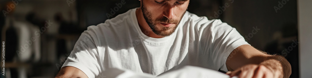 Fototapeta premium Man Inspecting White Garment in Sunlit Room