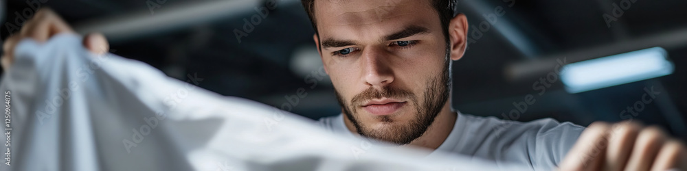 Obraz premium Man Inspecting White Fabric in Workshop