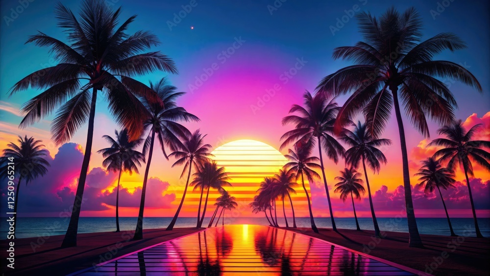 Obraz premium Retro synthwave sunset: palm trees silhouetted against neon skies, a vibrant beach party double exposure.