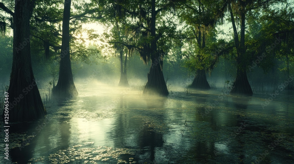 Fototapeta premium Sunrise mist over swamp cypress trees, tranquil water, background foliage, nature scene