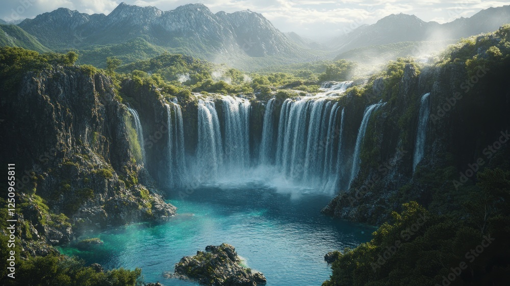 Fototapeta premium Majestic waterfall cascading into turquoise pool, mountain backdrop, sunrise mist, travel brochure