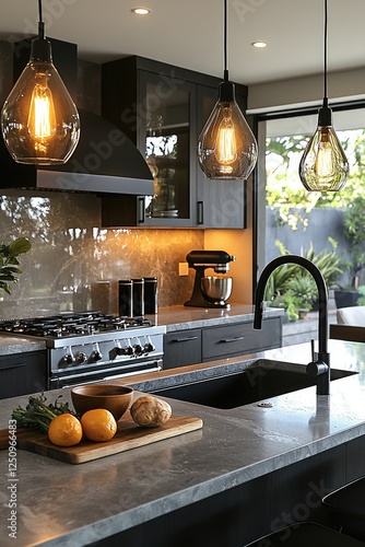Modern Kitchen Island with Pendant Lights and Dark Cabinets