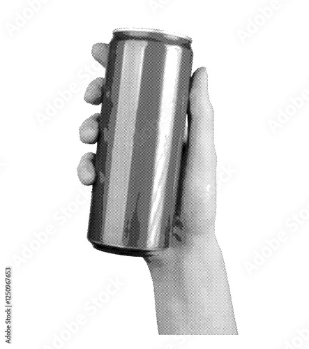 hand holding a blank aluminium can for soda, beer, or other beverages. Metallic container designed for refreshment, canned drinks, and industry use. Isolated on white background.