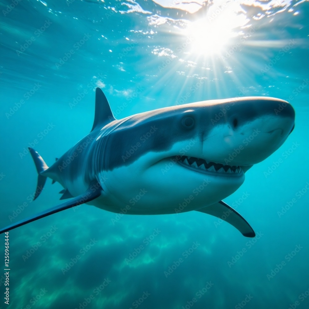 Obraz premium High-resolution stock photo a great white shark, powerfully built, sleek, predatory, detailed scales visible, swimming through sunlit ocean water, vibrant blues and greens