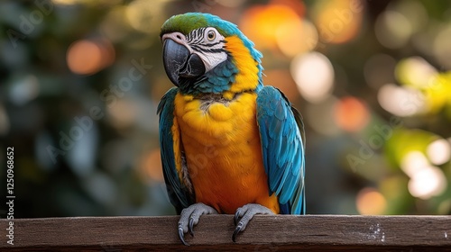 A colorful parrot with a black and green beak sits on a table.