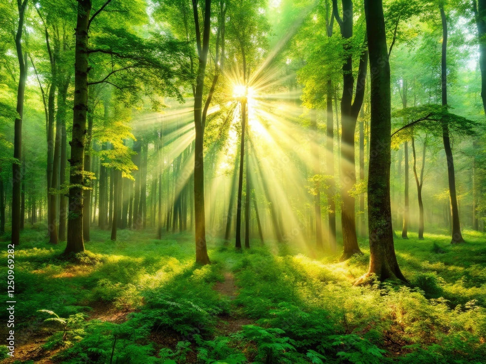 Fototapeta premium Sunbeams pierce a mystical green forest, creating a magical low-light scene; nature's artistry captured.