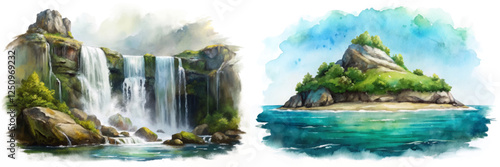 Watercolor landscape, serene waterfall, lush greenery, tranquil island, natural beauty, artistic scenery, peaceful environment.