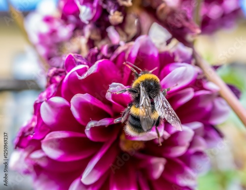 A close-up of a bumblebee on a vibrant pink and purple dahlia flower. The bumblebee has a distinctive fuzzy body with black and yellow stripes and translucent wings. The flower's layered petals create