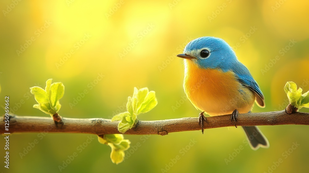 Fototapeta premium Small blue and orange bird perched on a branch with new leaves, bathed in golden sunlight.